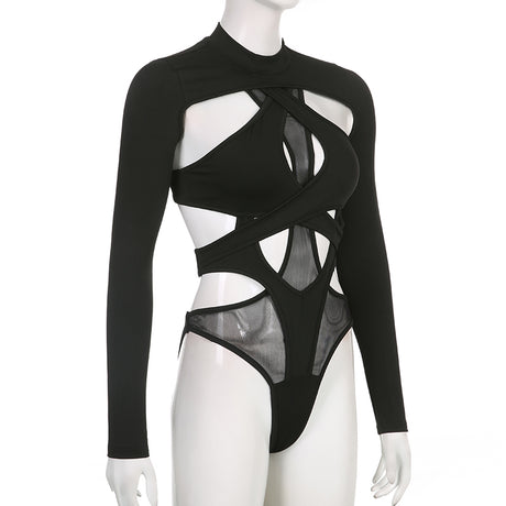 Women Bodysuits Long Sleeve High Neck Cut Out Leotard Body Top Y2K Gothic Club Shirts Summer Fall Streetwear