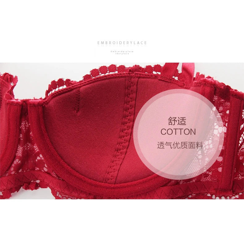 French Red 1/2 Cup Sexy Bra Set Lace Flowers Embroidery Women Underwear Push Up Brassiere and Panties Garter 3 Pieces Sets