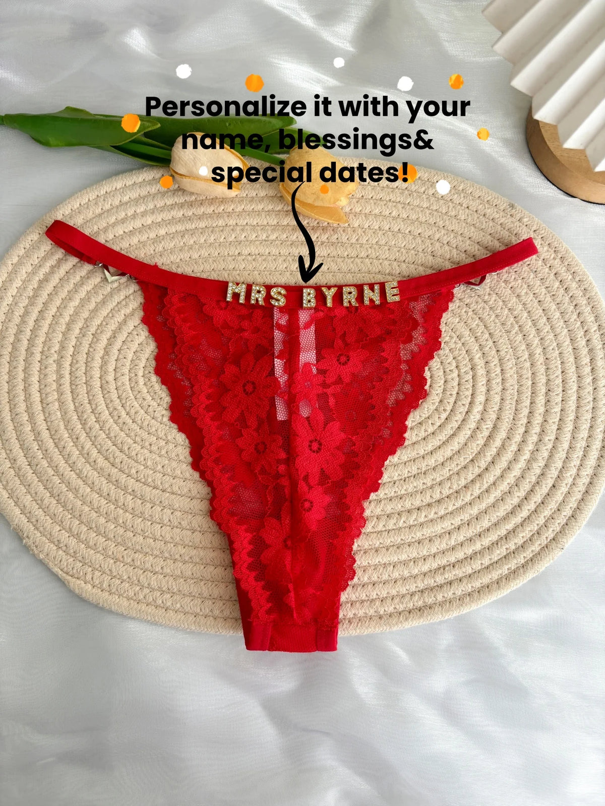 Custom Rhinestone Letter Name Text Sexy Lace Thong Panties Low Rise G-string Personalized Gift Wife Lover Anniversary Festival