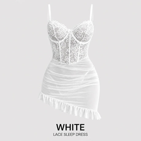 Women's Transparent Lace Lingerie Nightdress with Matching Panties, Ruched Ruffle Hem Babydoll Sleepwear, Four Colors S-XL