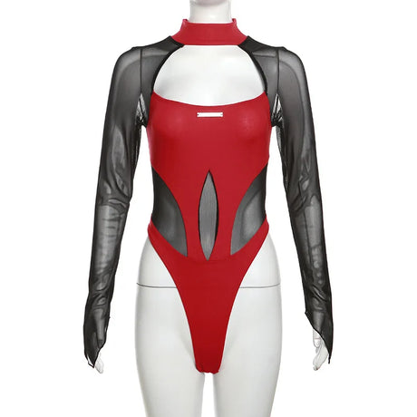 Mesh Long Sleeve Hollow Out Bodysuit Streetwear All Season Fashion Women's Solid Color Slim Fit Tops Y2k Gothic Sexy Rave Outfit