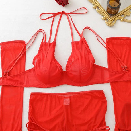 Seductive Red Women's Lingerie Sets Wild Sexy Sheer Mesh Double Strap Halter Bra Panty Mini Skirt Gloves Stocking 5PC Erotic Set