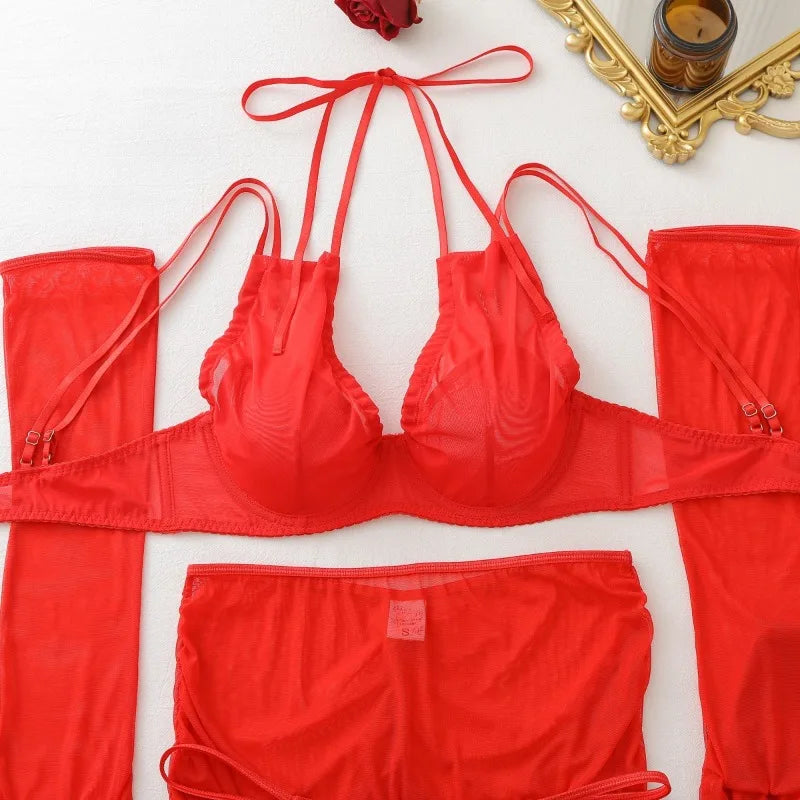 Seductive Red Women's Lingerie Sets Wild Sexy Sheer Mesh Double Strap Halter Bra Panty Mini Skirt Gloves Stocking 5PC Erotic Set