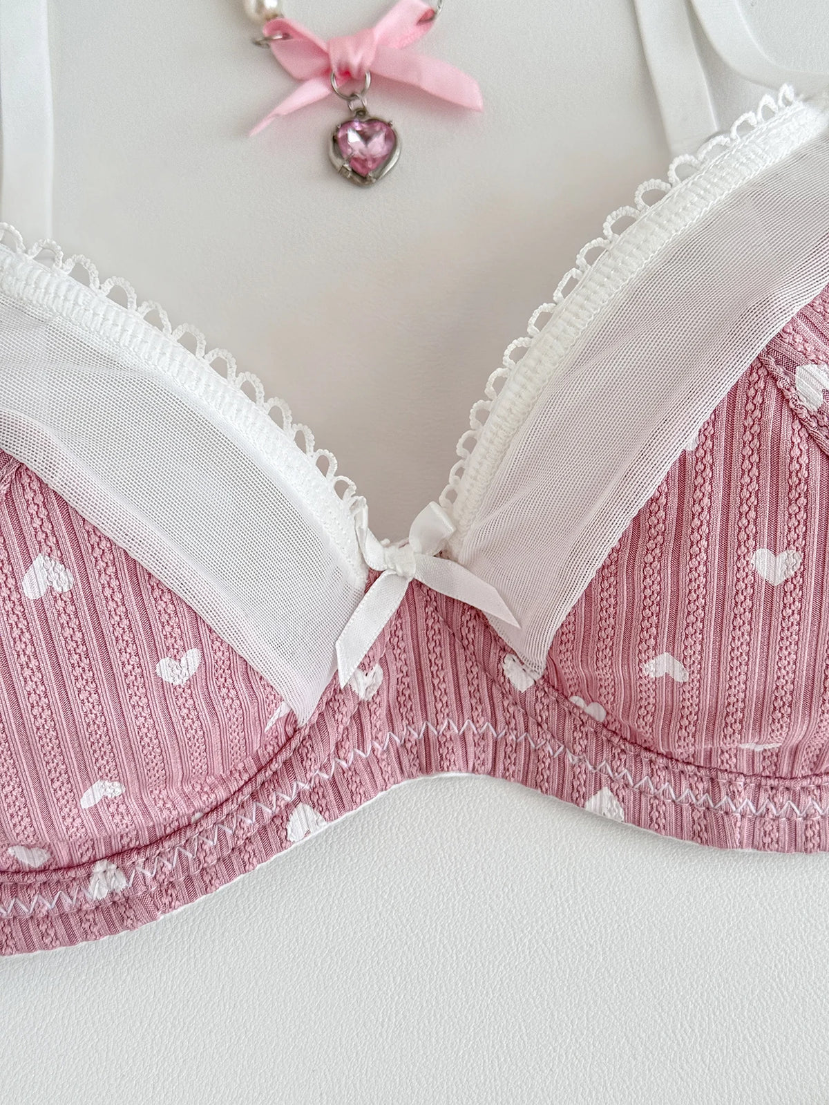 Women Pink Heart Print Lingerie Set Lace Mesh Trim Underwire Bra & Panties Soft Comfort Daily Intimates