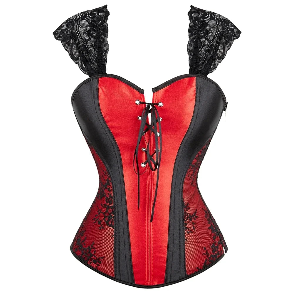 Gothic Corset Top With Straps Sexy Floral Zipper Brocade Overbust Lingerie Burlesque Body Shaper Lace Up Bustier Plus Size