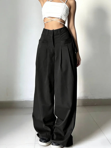 Women Wide Leg Cargo Pants High Waist Streetwear Trousers 2026 Spring Autumn Solid Black Loose Pleated Casual Pants S-XXL Size