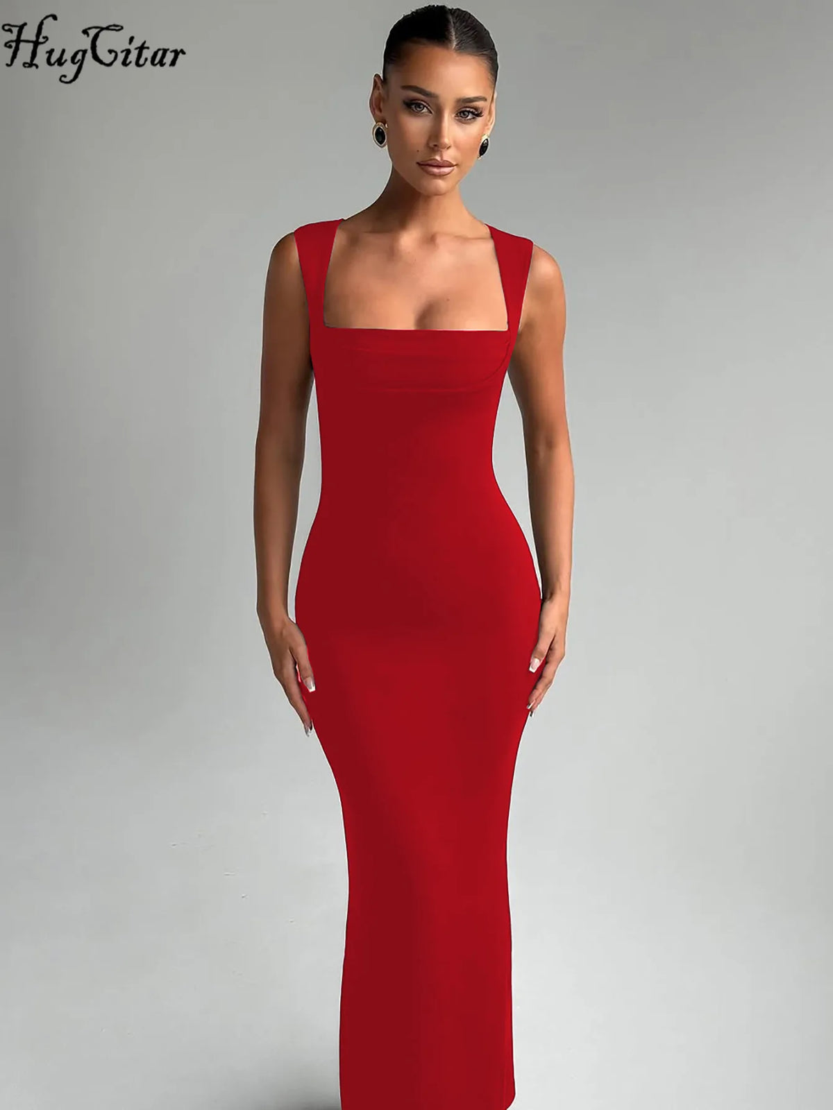 Hugcitar Women Elegant Solid Square Collar Straps Sexy Bodycon Maxi Prom Dress Summer Women Y2K Clothes Evening Party Birthday