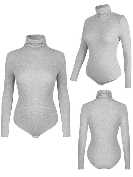 Women's Turtleneck Long Sleeve Bodysuit Women Jumpsuit Stretchy Layer Top Black Solid Color Slim Fit Overalls One Piece Outfit