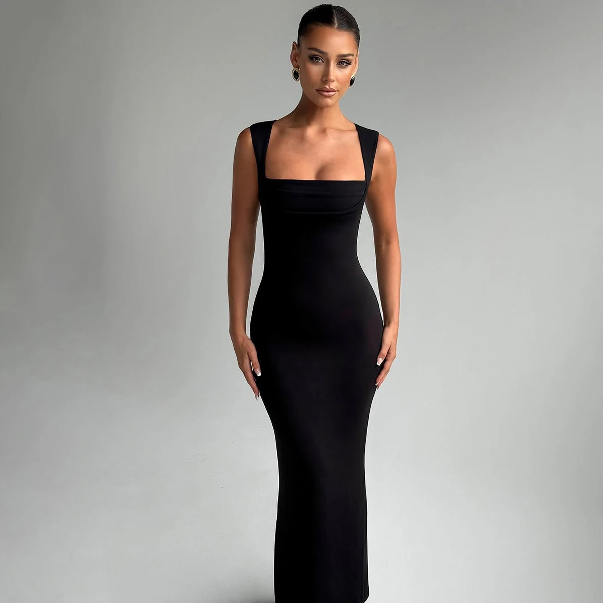 Hugcitar Women Elegant Solid Square Collar Straps Sexy Bodycon Maxi Prom Dress Summer Women Y2K Clothes Evening Party Birthday
