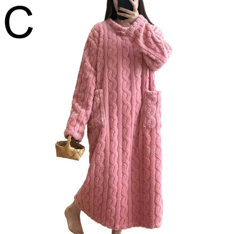 Winter Long Sleeve Double Pocket Flannel Nightgowns Women Loose Solid Sleepwear Jacquard Night Dress Thickened Warm Nightdress