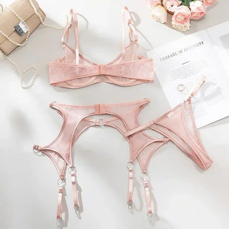 Lingerie Set Sexy See Through Mesh Push Up Bra Contrast Color Metal Ring Decor High Elasticity Two Piece Sexy Lingerie for Women