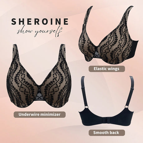 Sheroine Sexy Plus Size Minimizer Bra, Lace Underwire Non-Padded Lingerie for Women Lifting Support Comfort