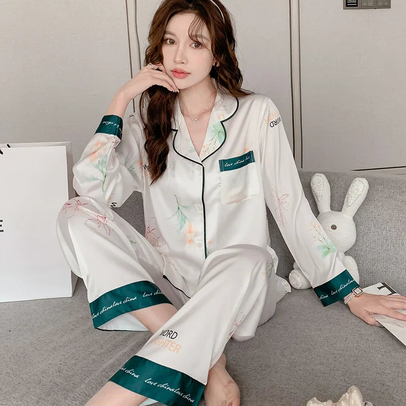Satin Silk Pajamas for Women's Set pyjamas Button Pigiama Donna pjs Winter Mujer Pijama Sleepwear Nightwear woman 2 piece set