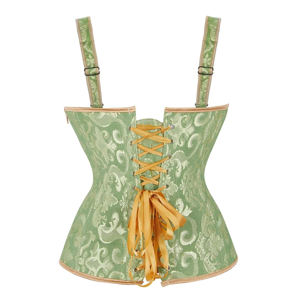 Gothic Corset Top With Straps Sexy Floral Zipper Brocade Overbust Lingerie Burlesque Body Shaper Lace Up Bustier Plus Size