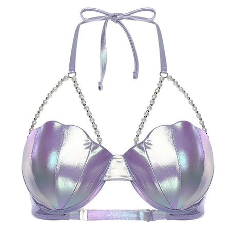 Women Shiny Bikini Bra Top Halter Neck Sheel Mermaid Swimwear Bead Chains Padded Bra Swim Tops Hawaii Beach Party Bathing Suit