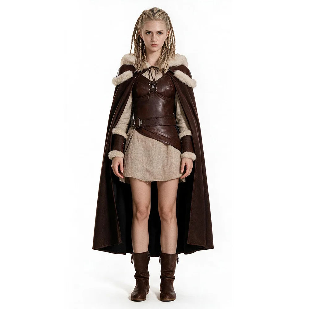 Women New Viking Barbarian Cape Goddess Warrior Plush Cape Retro Plush-Trimmed Hooded Cloak Set Medieval Retro Halloween Costume