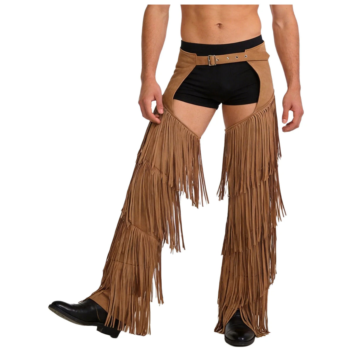 Mens Western Cowboy Chaps Fuax Suede Tassel Hollow Out Open Crotch Long Pants Adjustable Buckles Waist Motorcycle Biker Trousers