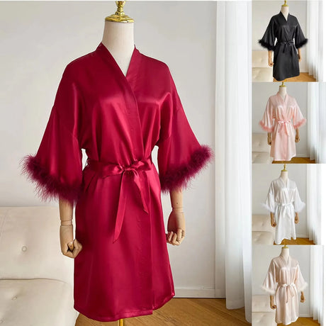 White Bride Wedding Robe with Feathers Women Satin Peignoir Sexy Bridesmids Kimono Gowns Short Bathrobe Bridal Intimate Lingerie
