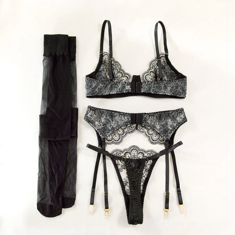Wedding Night Gift 3 Piece Black Lace Lingerie Set for Women Bra with Garter Belt and Thong Sexy Bridal Underwear