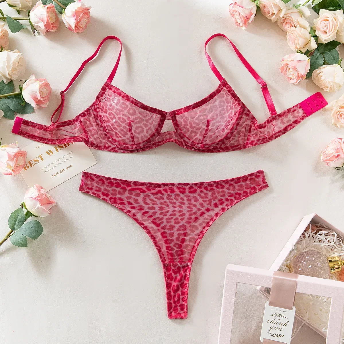 Seamless Leopard Print 2-piece Bra Set Lingerie Sexy See Through Erotic Romantic Set Underwear Women Bra and Panty Set