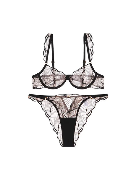 European Style Ultra Thin Sheer Lace Lingerie Set Embroidery Minimizer Bra Big Bust Support Slim Fit Underwear S-XL Size 32-38