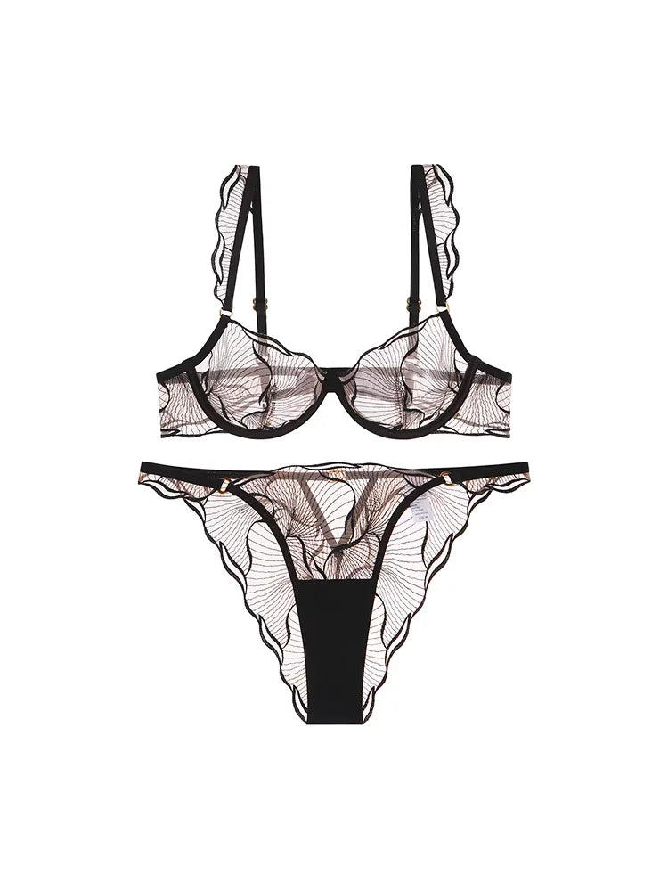 European Style Ultra Thin Sheer Lace Lingerie Set Embroidery Minimizer Bra Big Bust Support Slim Fit Underwear S-XL Size 32-38