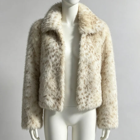 LIMO Women Lapel Leopard Print Faux Fur Jacket Cropped Fluffy Plush Open Front Outerwear