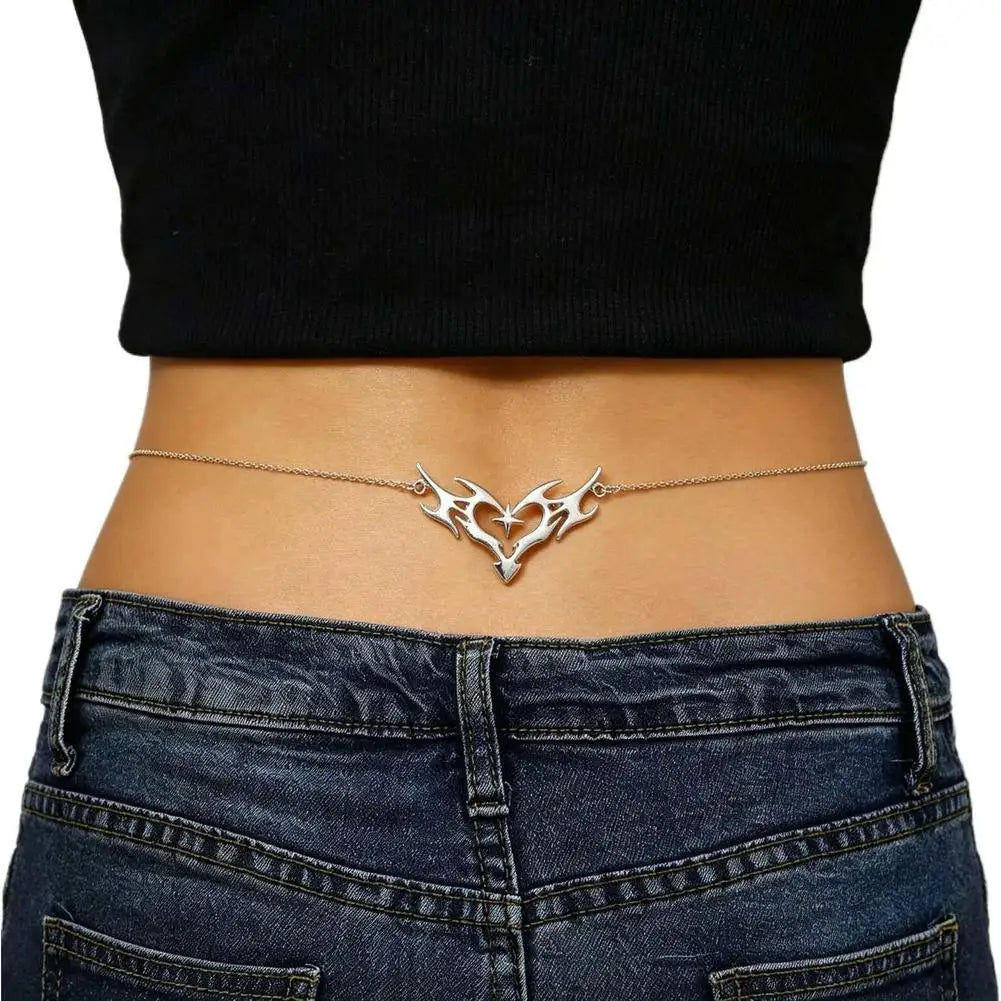 Gothic Heart Flame Waist Chain Sexy Punk Metal Waist Belly Belt Chain Y2K Body Chain for Beach Bikini Party Outfit Jewelry