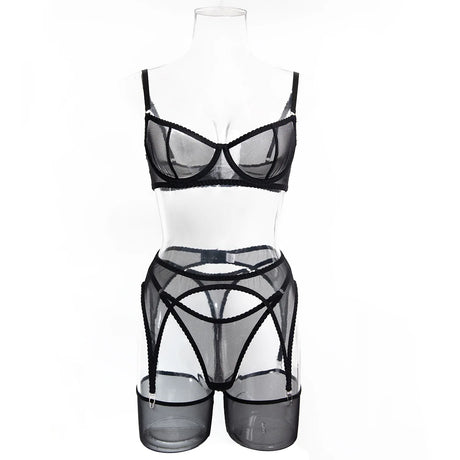 Ellolace Solid Lingeries Sexy Hot Sissy See Through Mesh Bra 3PC Set with Stockings Tempted Underwear Fancy Erotic Clubwear