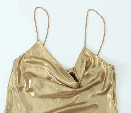 HH Women's Sexy Shinning Metallic Color Slip Mini Dress Woman Fashion Spaghetti Strap Pleated V-neck Slim Party Dresses