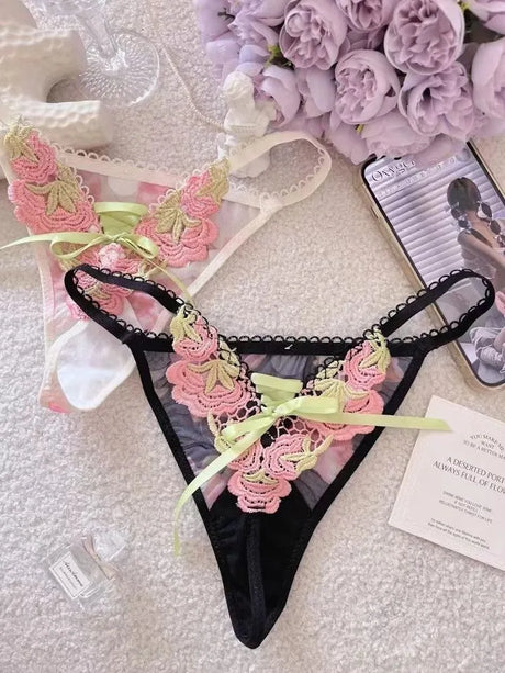 Women Underwear Sexy Lace Strap Embroidery Hollowed Out Seamless Lingerie Adjustable Thong See Through Lace Thongs Panties