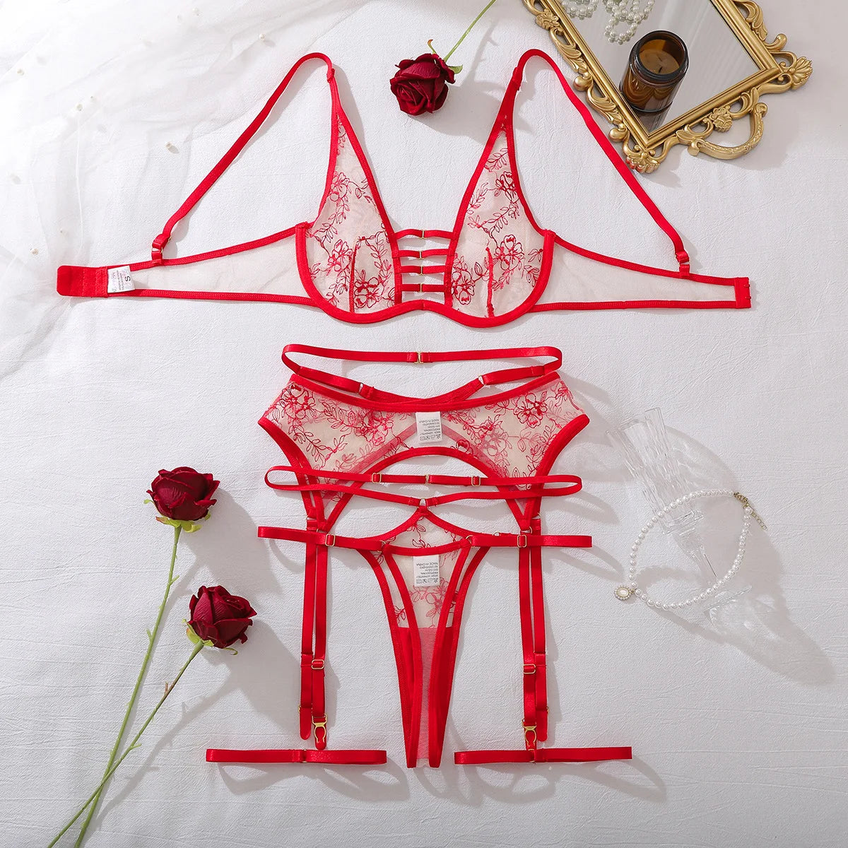 Women Red Floral Embroidery Lingerie Set 4 Piece Sheer Mesh Garter Belt Hollow Out Underwear Harness Strappy Romantic Nightwear