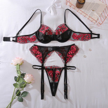 Heavy Crafted Rose Embroidered Mesh Perspective Underwear Color Match Splicing Mysterious Sexy Shaped Underwear Three Piece Set