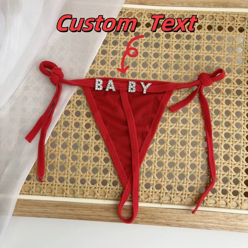 Personalized Custom Rhinestone Letter Name Low Waist Strap Thong G-String Tanga Underwear Bikini Wife Girlfriend Custom Gift