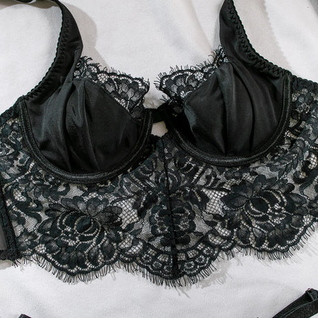 Krasapt French Black Eyelash Lace Sexy Lingerie Sets Sensual Transparent Hollowed Out 2Pcs Erotic Intimate Porn Costume Outfits