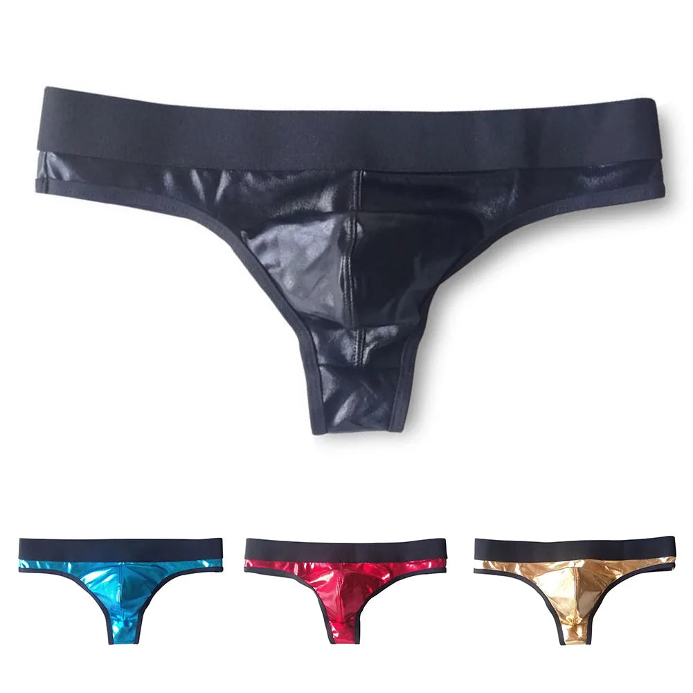 1pc Men Lacquer Leather Sexy Thong Nightclub Gay Sissy Breathable Pouch Underwear Underpants High Stretch Panties G-String