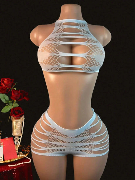 Women's Sexy Pink Mesh Underwear High Elasticity Fishnet Hollow Out Three Piece Open Crotch Babydoll Set Exotic Lingerie