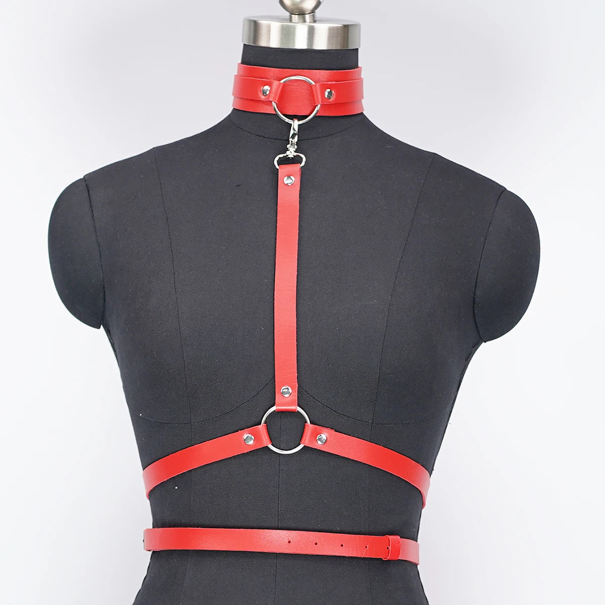 Red Leather Choker Necklace & Body Harness Set - Adjustable Straps, Punk Gothic Style, Waist Belt Jewelry Accessory for Women