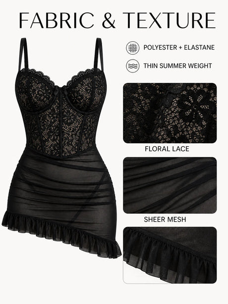 Women's Transparent Lace Lingerie Nightdress with Matching Panties, Ruched Ruffle Hem Babydoll Sleepwear, Four Colors S-XL
