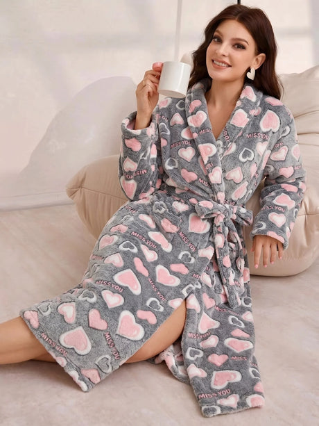 Women's Winter Printed Flannel Robe with Hidden Side Pockets, Adjustable Waist Belt, Loungwear Robe for Home & Outdoor Wear