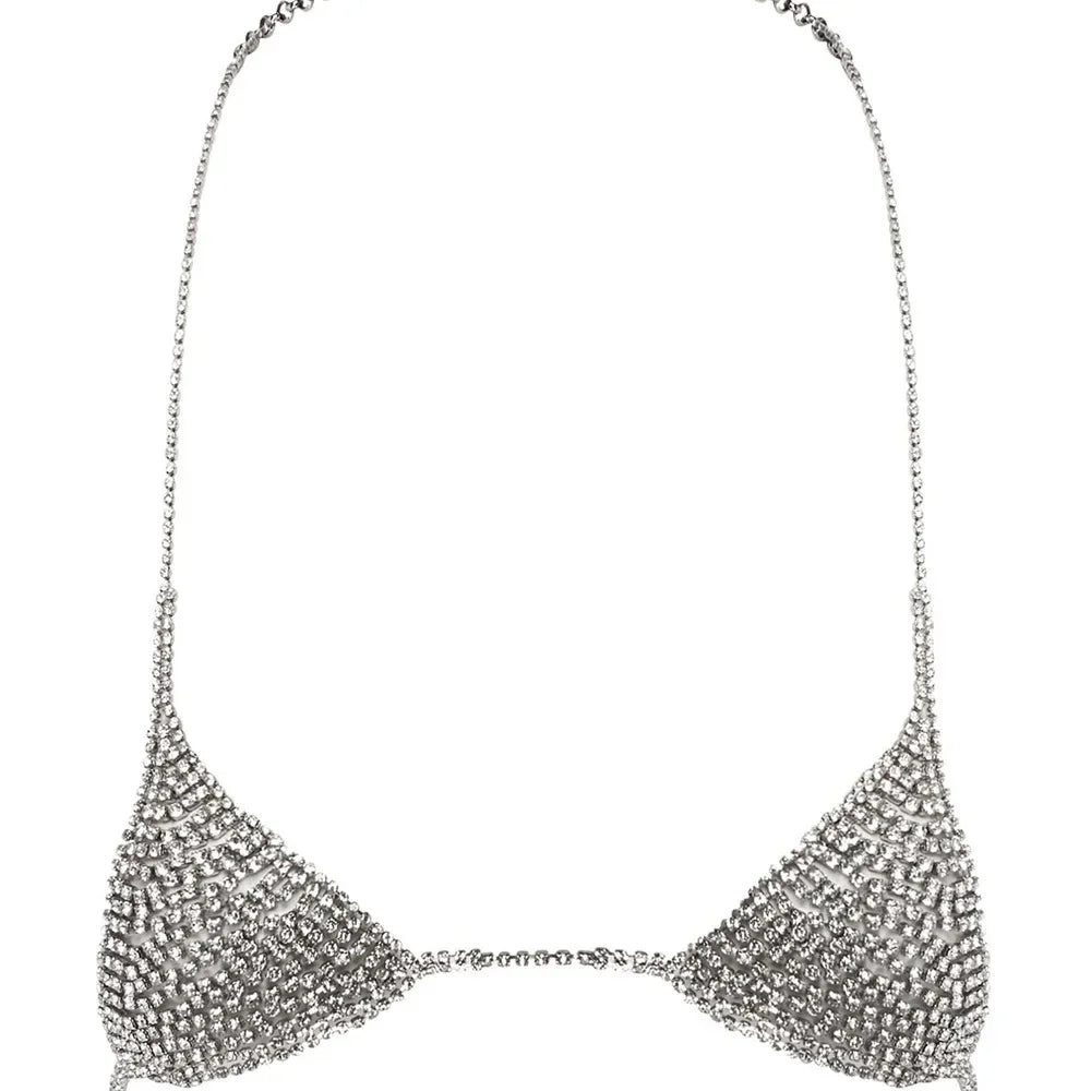 Stonefans Sexy Erotic Hollow Out Rave Lingerie Skirt Rhinestone Chest Necklace Women Shoulder Breast Summer Bra Accessories Gift
