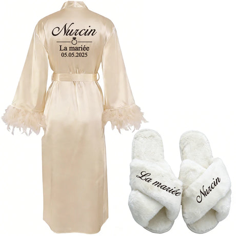 Customized Bathrobe for Women Personalized Name And Date Robe Add Any Text Gown for Bridal Party Feather Bride Robes