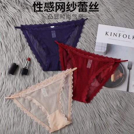 Women's underwear sexy seamless lace hollow out gauze ribbon middle waist female panties ladies breathable comfortable lingerie
