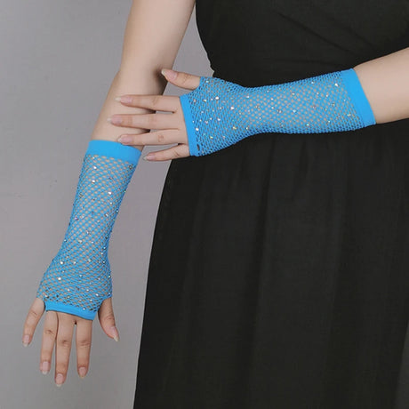 Sexy Elastic Mesh Gloves With Colored Flash Diamonds Bungee Stage Performance Hollow Fishing Net Punk Hiphop Women's Gloves R51