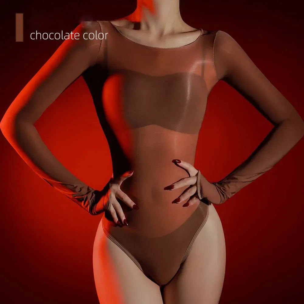 Sexy Women 5D Thin High Cut Bodysuit Oil Shiny Sheer See Through Elastic Tights Yoga Shaping Maid Jumpsuits Unisex Club Leotard