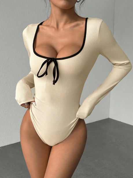Women Square Neck Contrast Trim Tie Front Ribbed Knit Long Sleeve Bodysuit High Cut Slim Fit Y2K Sexy Casual Basic One Piece Top
