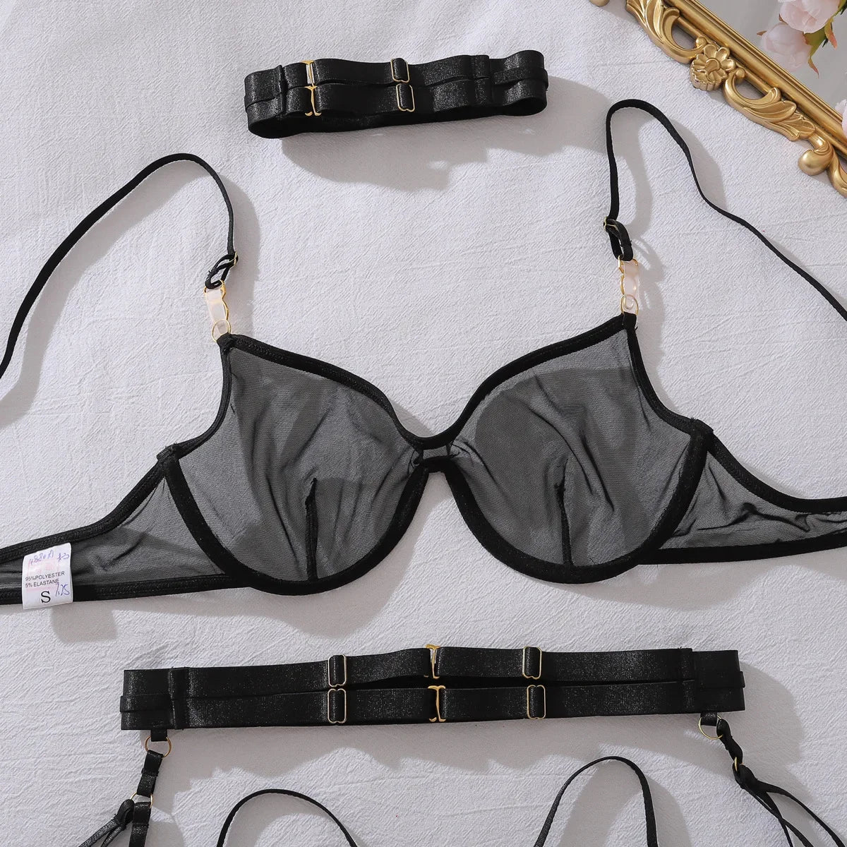 2026 Fashion Heavy Crafted Metal Decorative Lingerie Set with Buckle Women Mesh Transparent Bra Lady Sexy Body Shaping Underwear