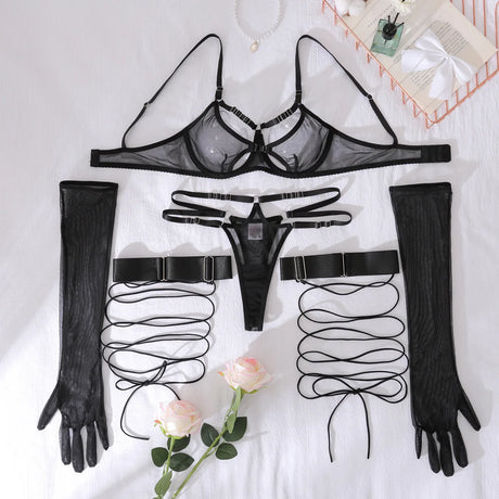 Diccvicc Transparent Mesh Lingerie Bandage Bra Fancy Cut Out Panty Set with Gloves Naked Women Sexy Underwear Uncensored Outfits