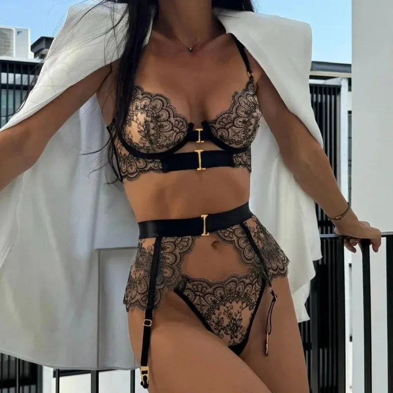 Sexy Underwired 3 Piece Lingerie Set, Floral Embroidery Sheer Cutout Garter Belt with Metal Buckles, Plus Size Available Women's