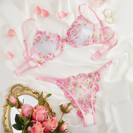 Fairy Lingerie Set Underwire Transparent Lace Bra Panty Floral Underwear for Women